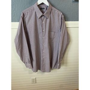 Van Heusen Regular Fit Wrinkle Free Plum Plaid Collared Dress Shirt Size 17 1/2